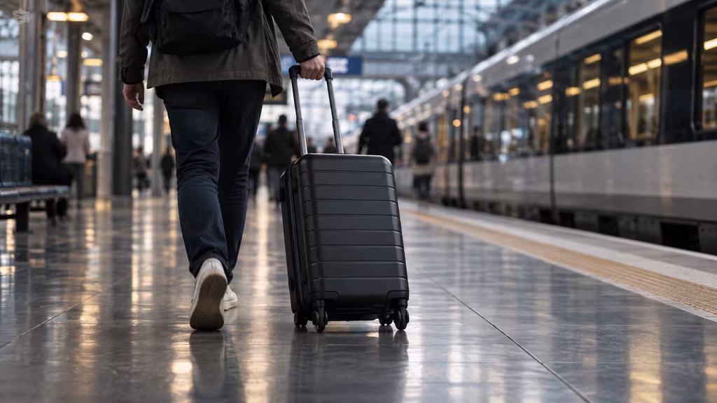 Finished AI film composite showing a suitcase firmly grounded on a station platform