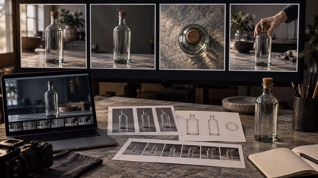 Reference images showing a product, hand, and tabletop contact for AI video generation.