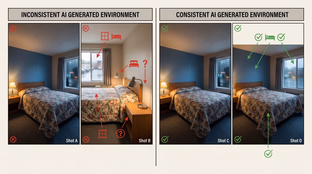 Comparison of an inconsistent AI generated film environment and a matching continuous environment.