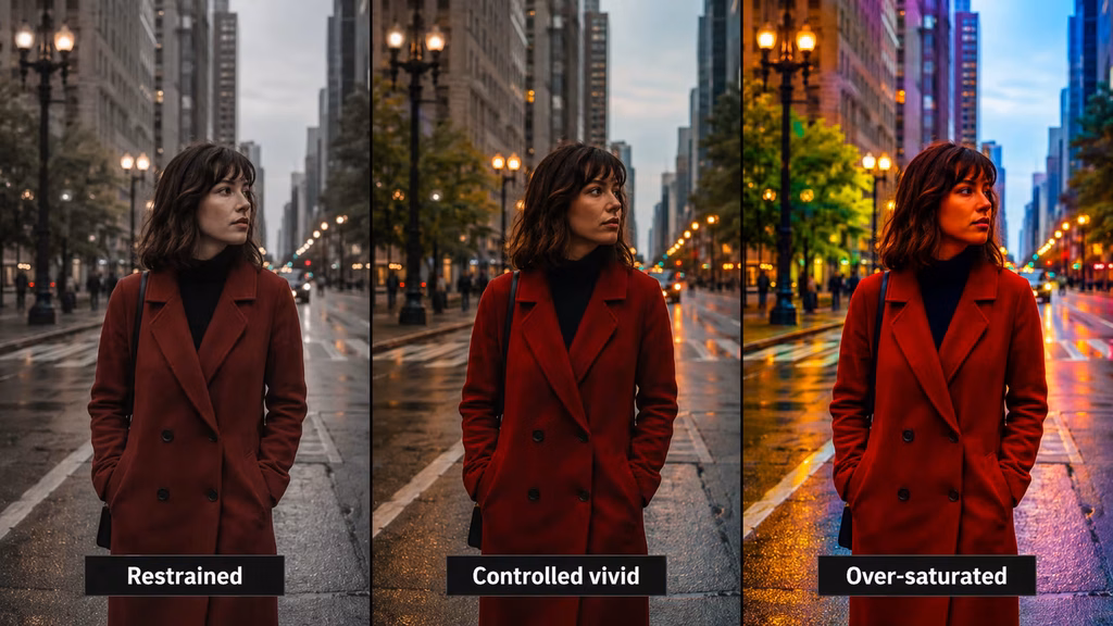 Saturation comparison showing restrained, balanced, and over-saturated cinematic color grades
