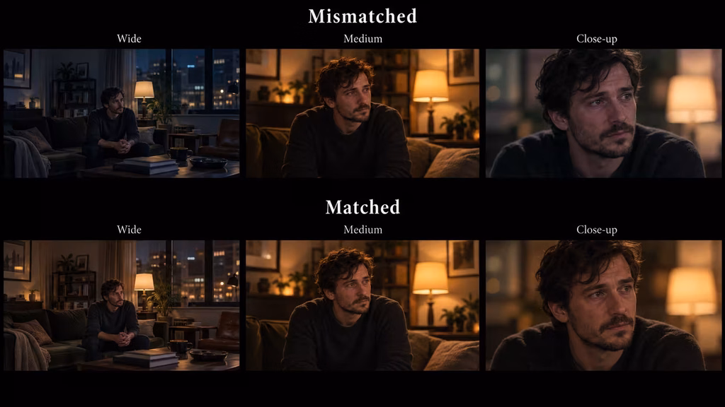 Three film shots matched for exposure, white balance, contrast, and skin tone.
