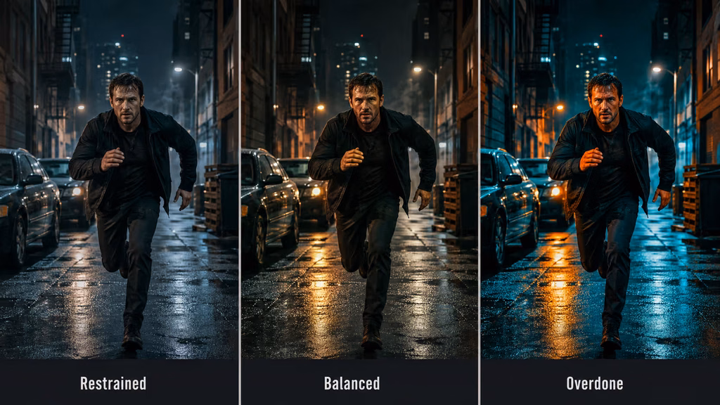 Comparison of restrained and overdone teal and orange color grading with natural skin tone protection