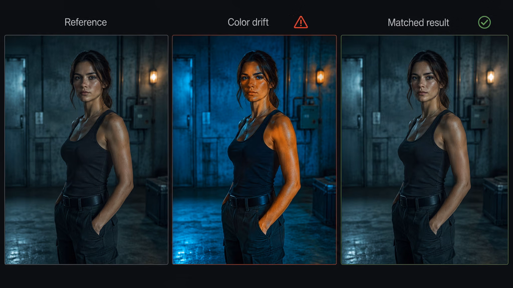 AI filmmaking workflow showing a teal and orange reference frame, generated variation, and restrained corrected result