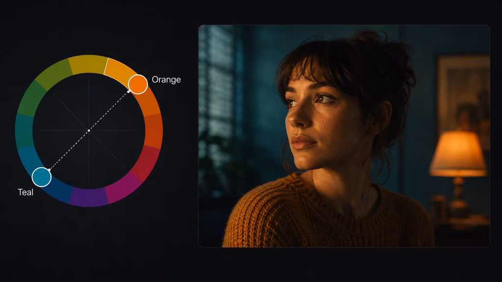 Color wheel showing the teal and orange complementary relationship used in cinematic color grading