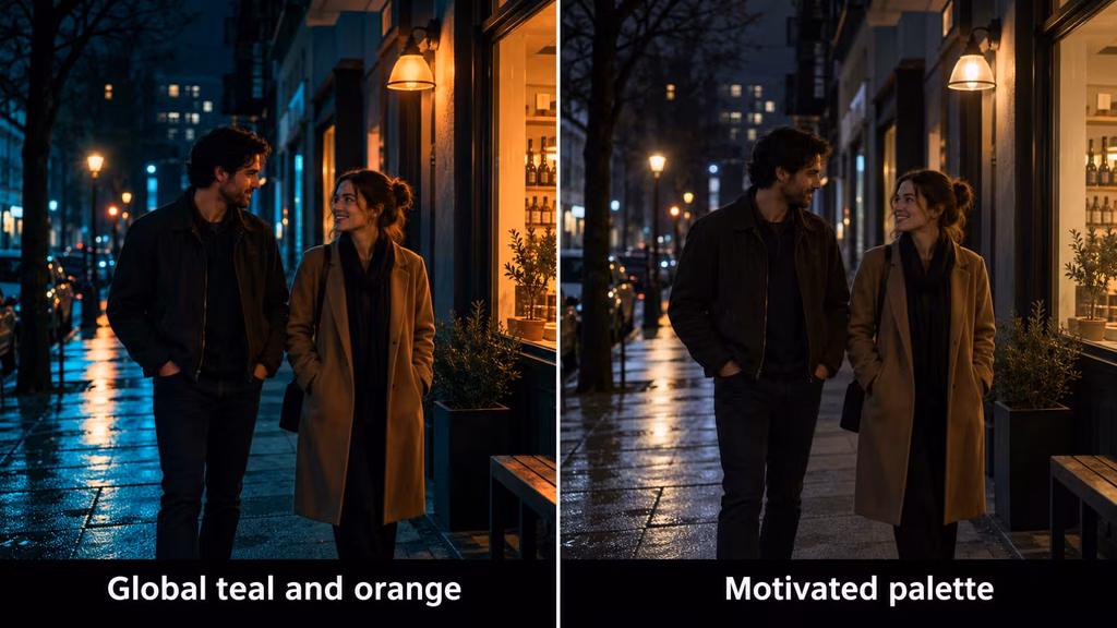 Comparison of an excessive teal and orange grade with a restrained, motivated color palette.