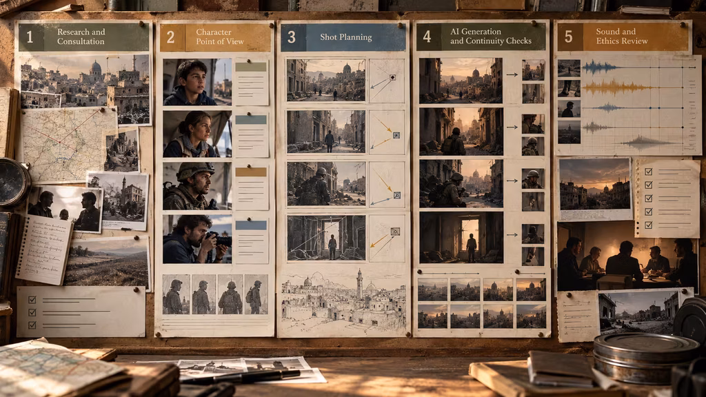 War filmmaking workflow board moving from research and character perspective to shot prompts sound edit and ethics review.