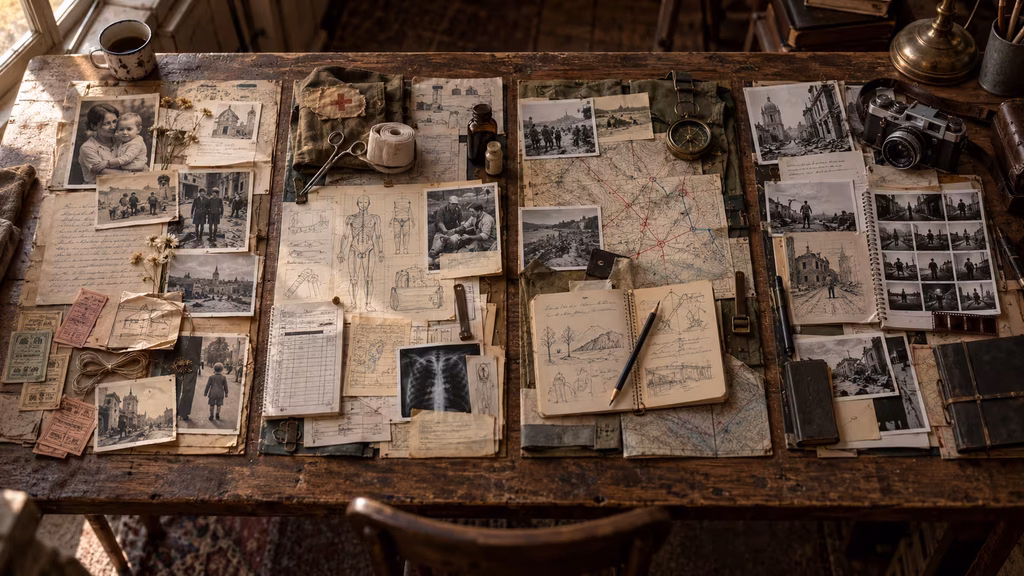 War filmmaking research board connecting civilian soldier medic and journalist viewpoints to authentic period details.