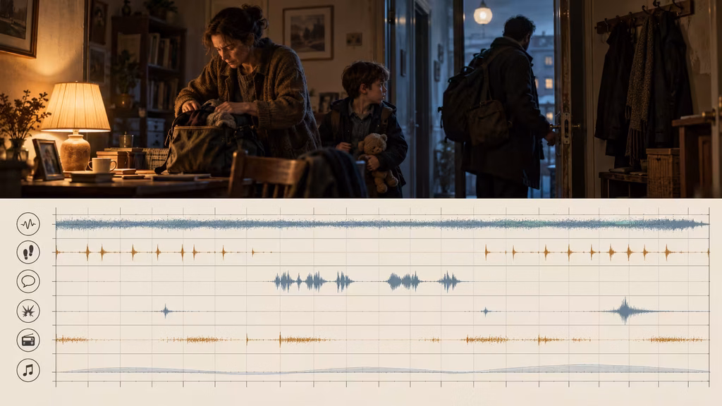 War film sound design timeline showing ambience human detail offscreen threat dialogue and restrained score layers.