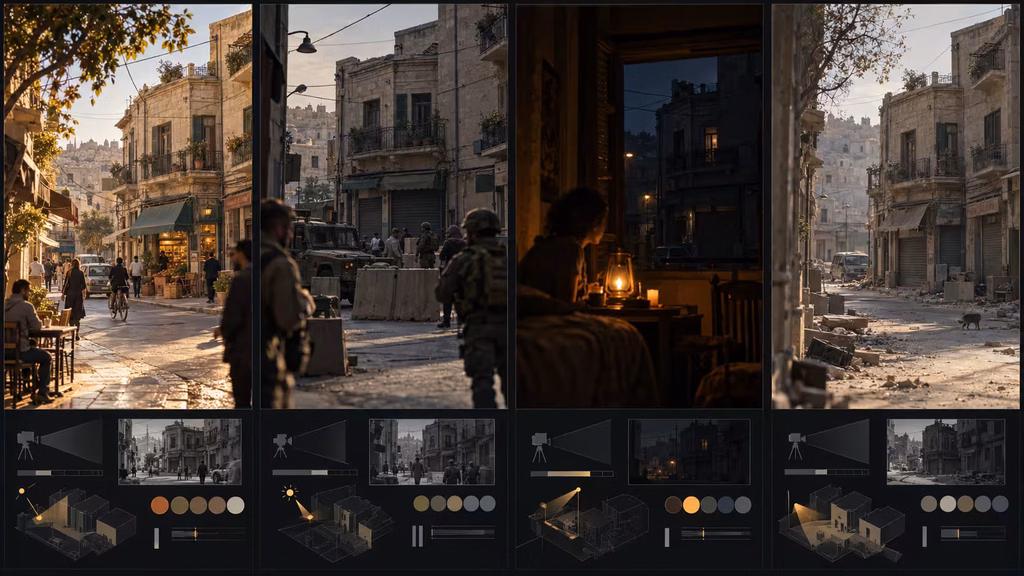 War filmmaking visual language diagram showing camera distance lens choices and color progression across a conflict story.
