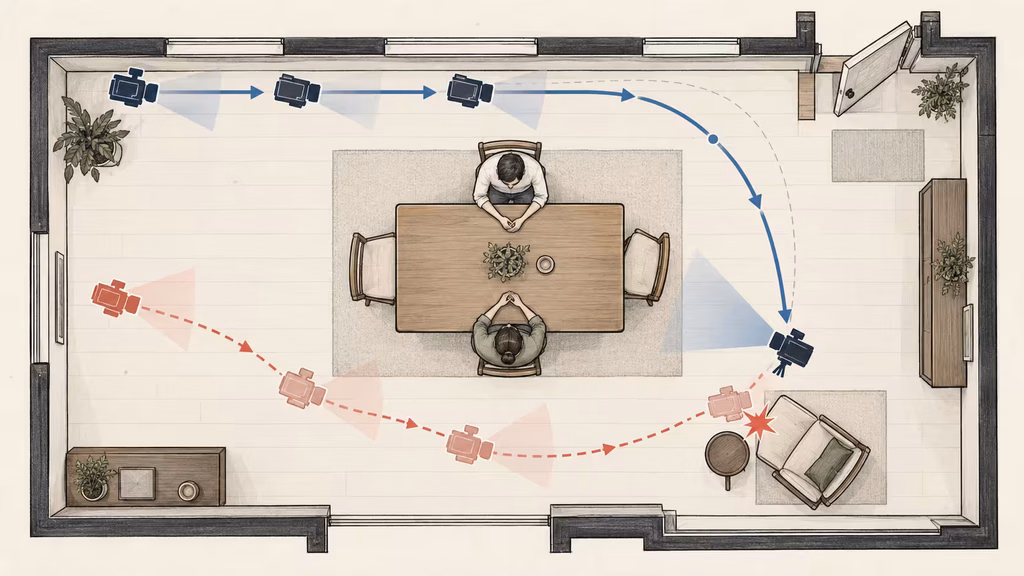 Floor plan showing a revised collision-free camera route around actors and furniture.