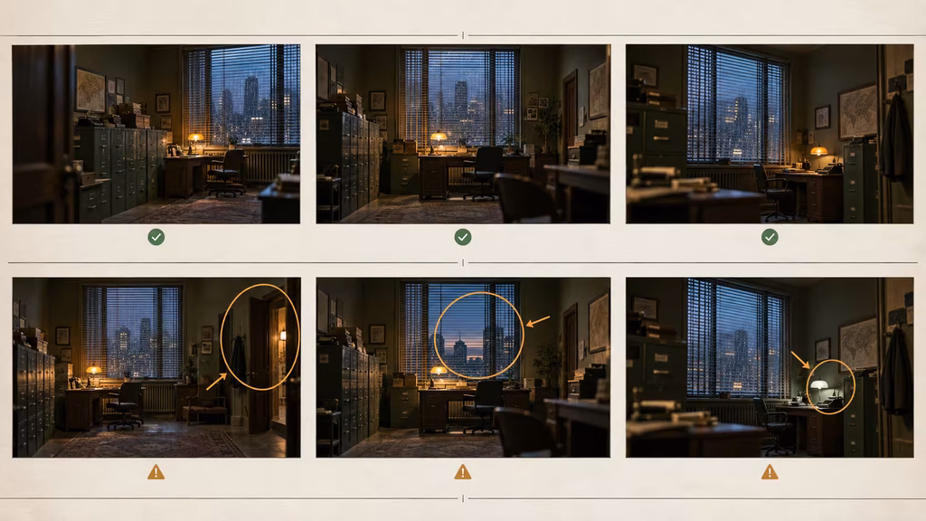  Environment consistency review board comparing matching and drifting AI film shots.