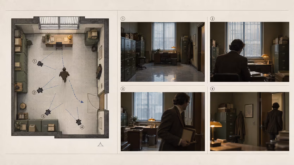 Top-down shot map for a consistent archive office scene with camera positions and screen direction