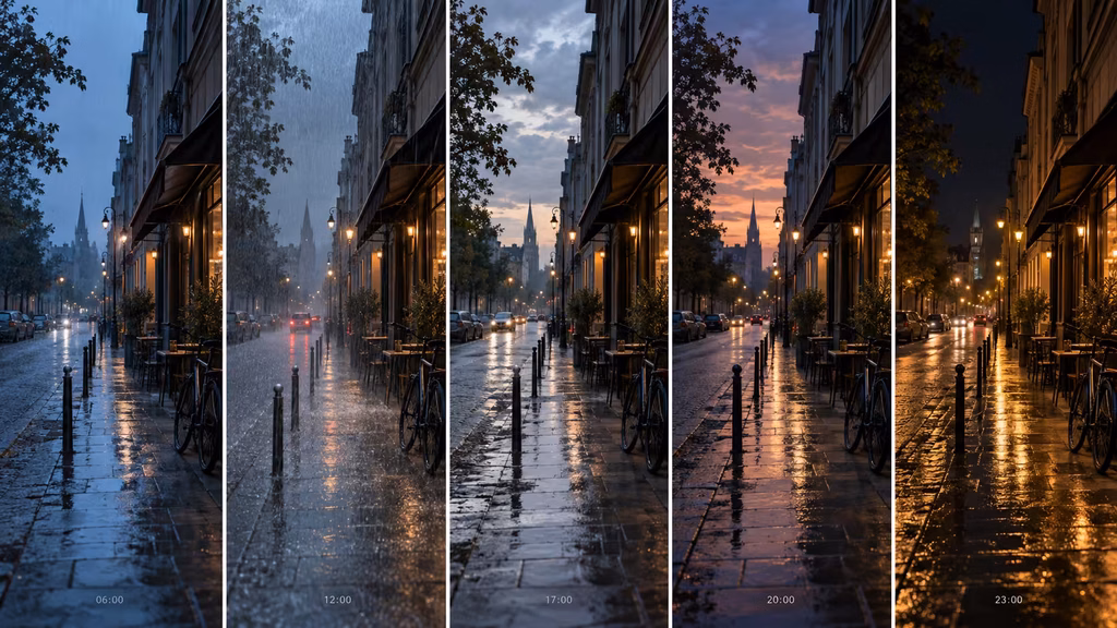 Film continuity strip showing an urban street through blue hour rain easing into wet night.