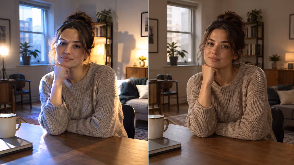 Before and after comparison fixing inconsistent shadows in an AI-generated film frame