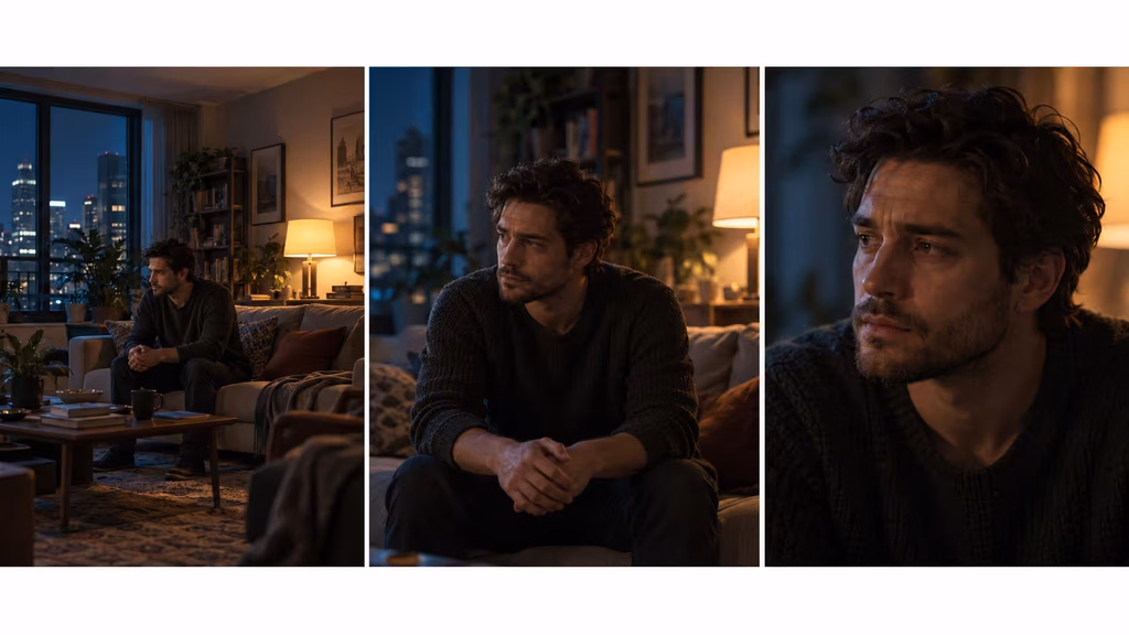 Three AI film storyboard frames showing consistent artificial lighting across camera angles