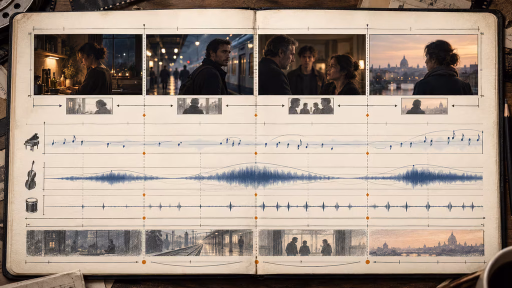 Film score continuity guide showing recurring motifs instruments tempo and transitions across cinematic AI scenes.