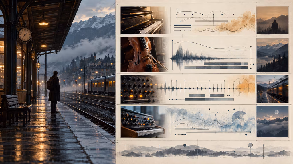 Music prompt diagram showing cinematic instruments assigned to melody pulse texture and emotional support roles.