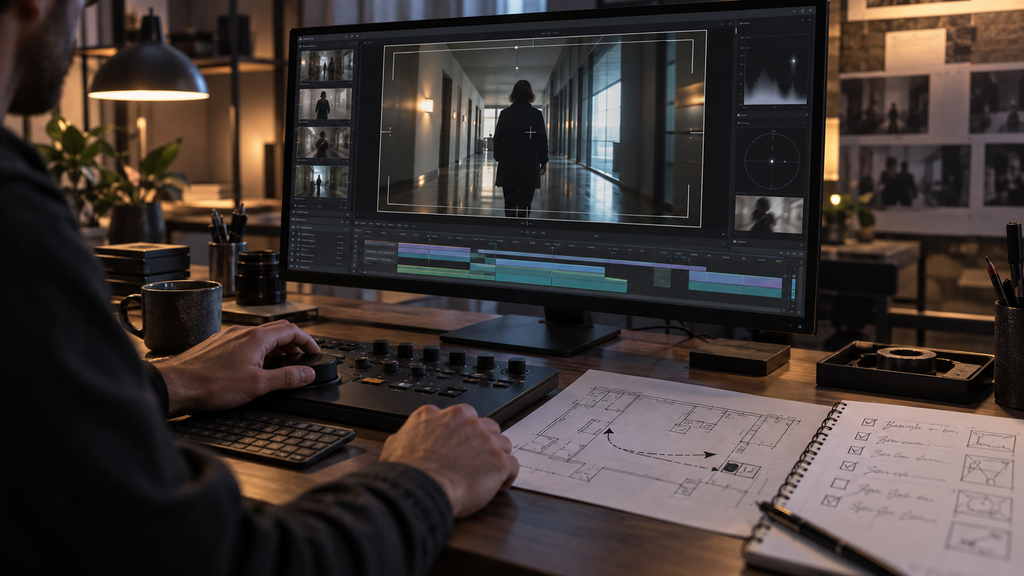 Filmmaker reviewing a stable AI camera movement clip with frame guides and continuity notes.