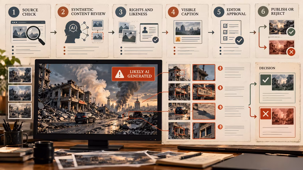 Responsible workflow for checking and disclosing fake AI images before editorial or commercial publication.