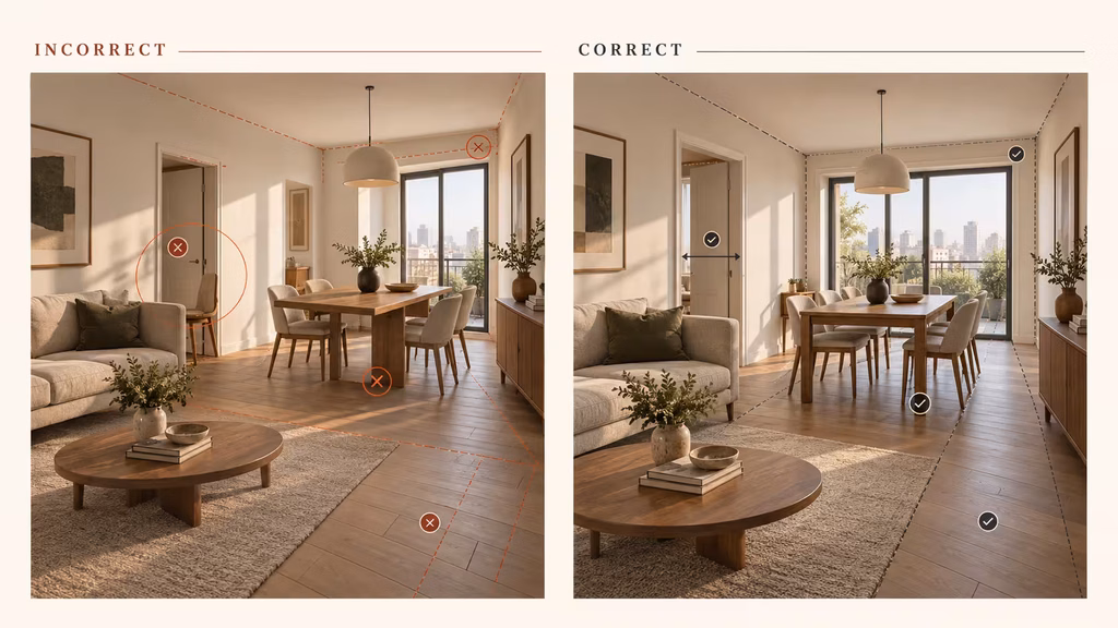 Perspective repair for a fake AI interior showing vanishing lines impossible doorway and corrected room layout.