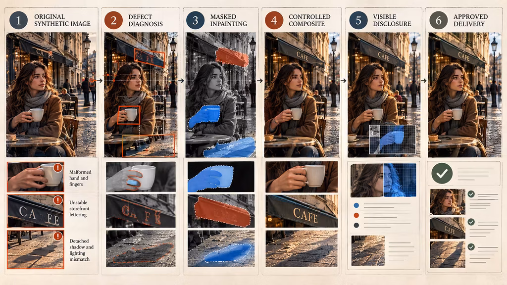 Fake AI image repair pipeline comparing original generation diagnosis inpainting compositing disclosure and approved output