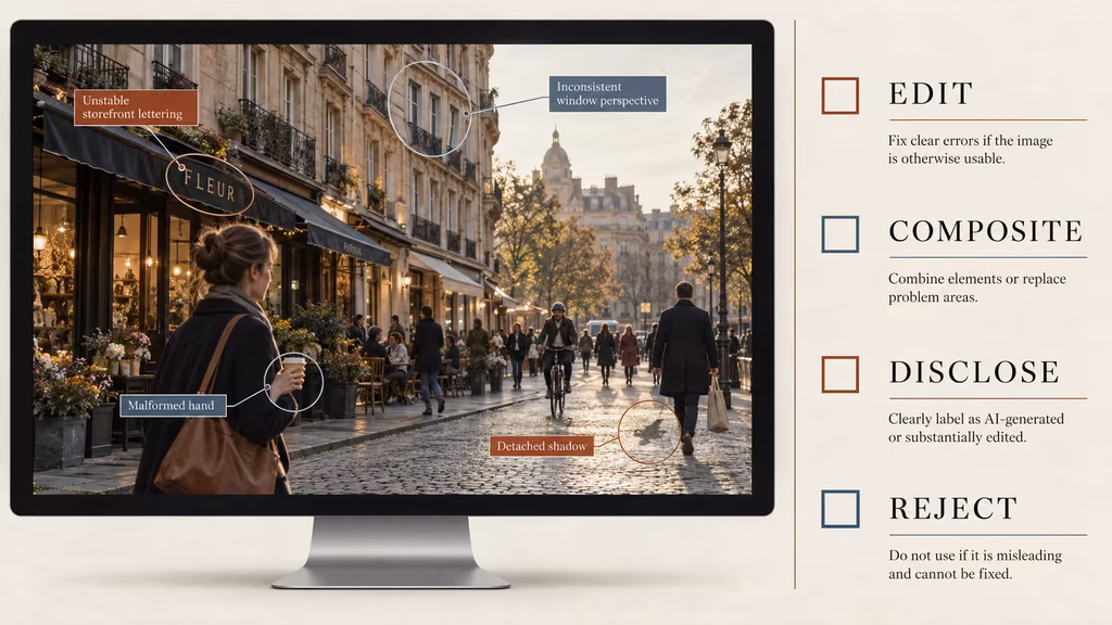 Review checklist for spotting fake AI images with anatomy text lighting perspective and authenticity checks.