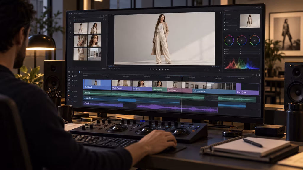 Fashion film editing timeline with full-look footage, detail shots, music, typography, and sound design layers