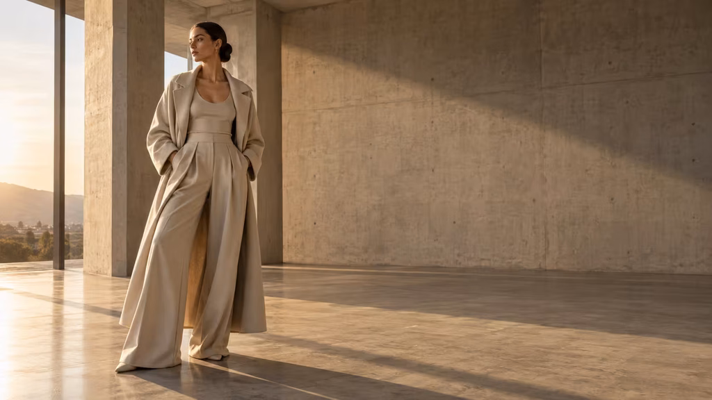 Final fashion campaign hero frame with a full look, modern architecture, and space for a brand lockup