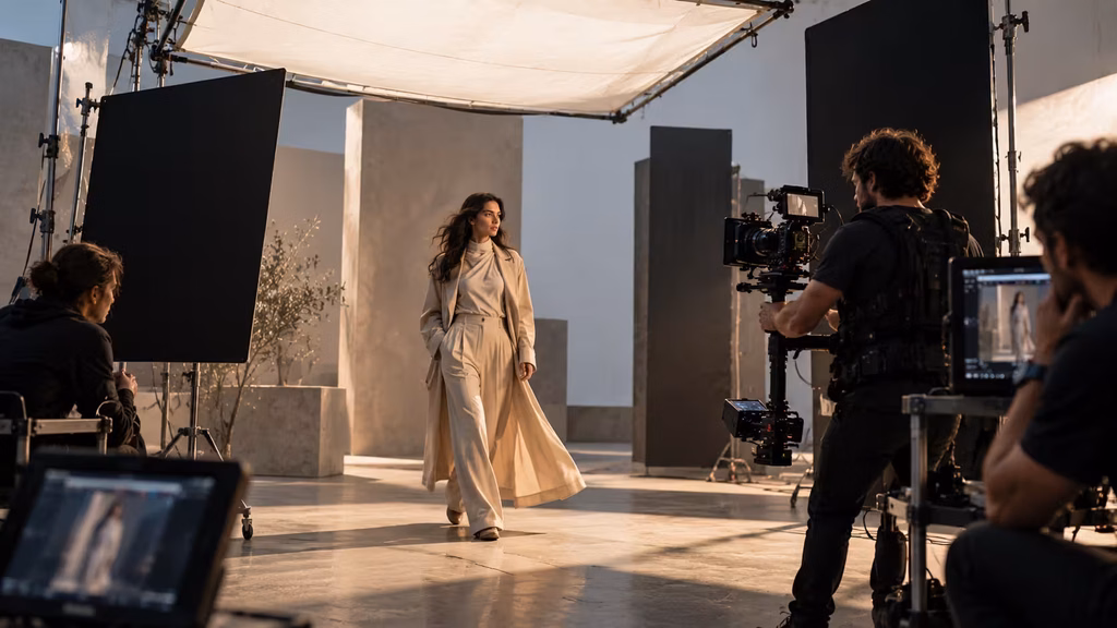 Fashion commercial lighting setup with a model, large diffusion frame, negative fill, and cinema camera