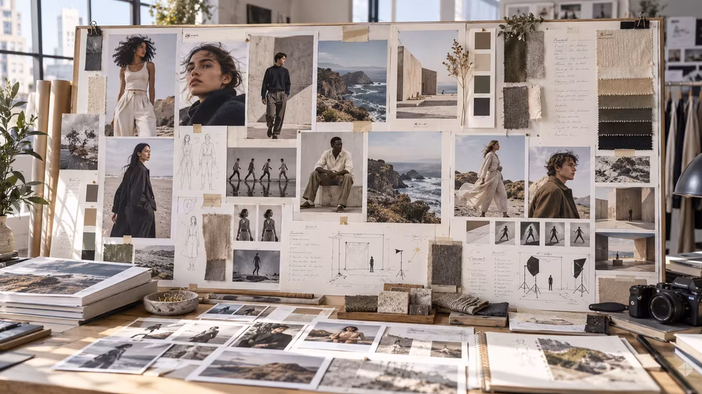 Fashion campaign reference board with images for silhouette, lighting, movement, casting, and urban location