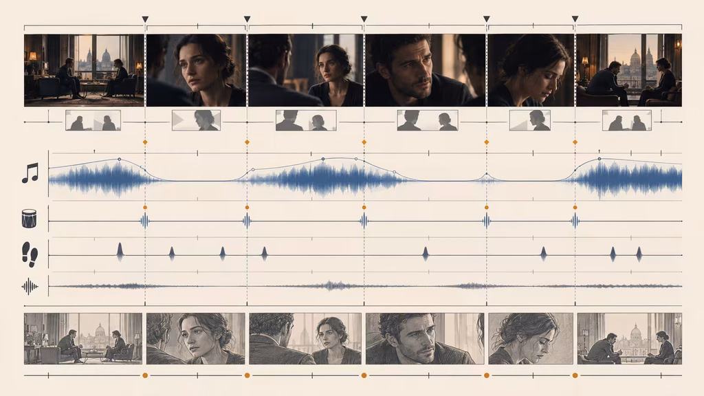 Film scoring prompt diagram showing music accents across cuts while preserving space for dialogue and sound effects.