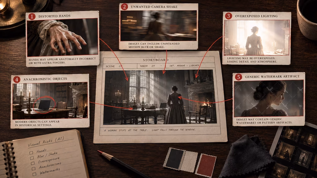 Cinematic shot risk map showing anatomy, camera, lighting, production design, and image quality problems to target with negative prompts