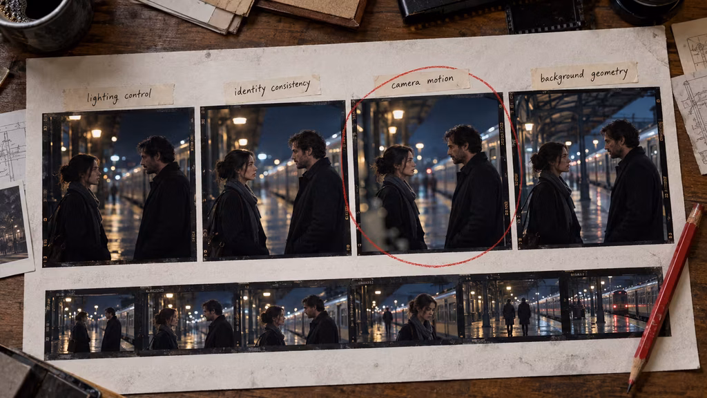 Cinematic AI prompt test sheet comparing targeted negative prompt revisions for a night dialogue scene