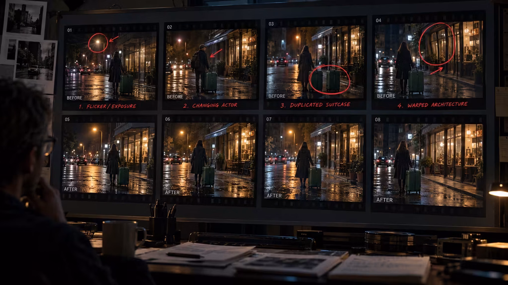 Before and after comparison of AI video continuity artifacts including flicker, identity drift, duplicated props, and warped backgrounds