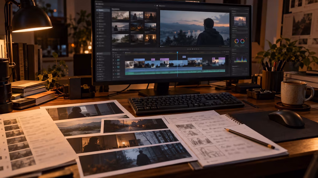 Editor comparing AI-generated cinematic shots and prompt notes on a film timeline.