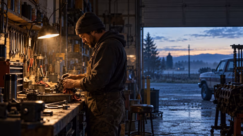 Cinematic AI film prompt reference for motivated lighting in a late-night repair shop.