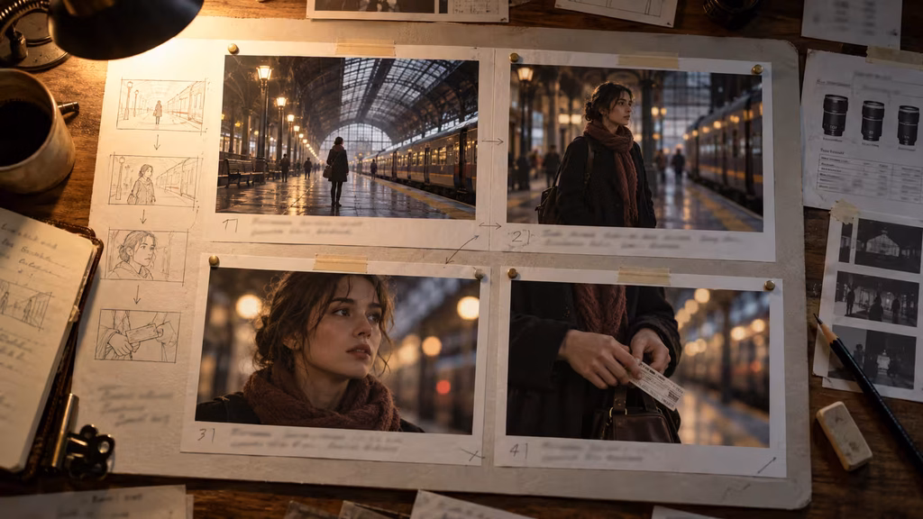 Storyboard board comparing wide, medium, close-up, and insert shots for an AI film sequence.