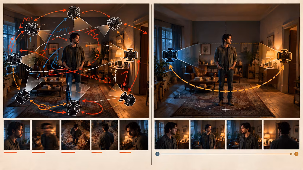 Before and after prompt diagram showing how to fix an unstable AI camera move.