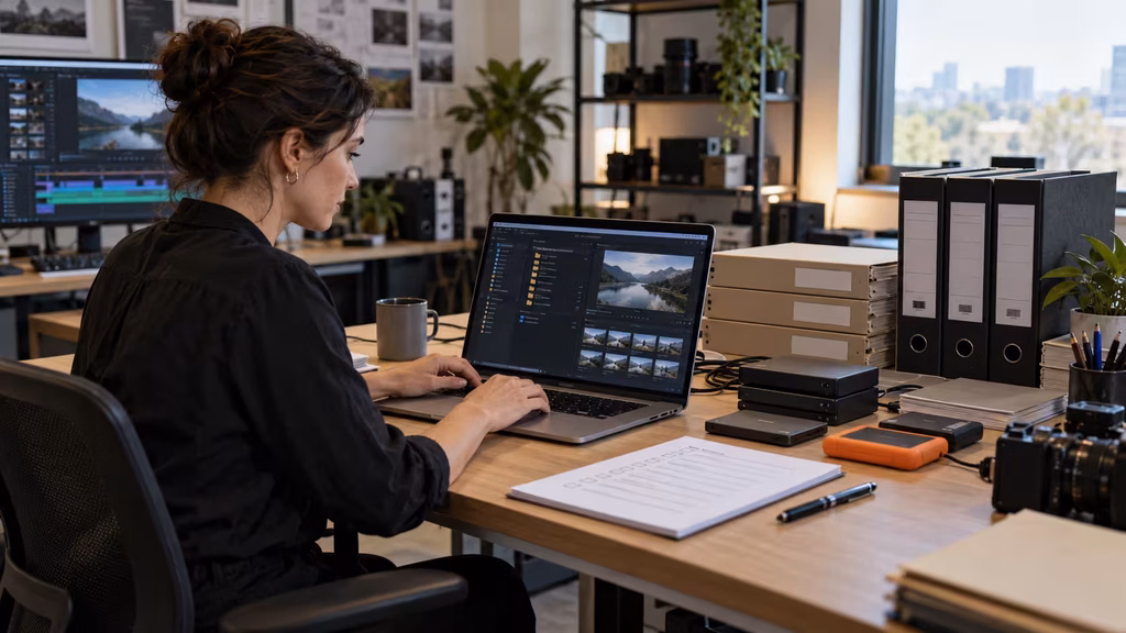 Producer organizing final video delivery files, captions, and archive documentation for a client handoff.