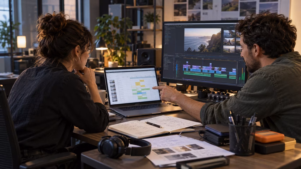 Producer and editor reviewing a video delivery matrix with platform formats and approval statuses.