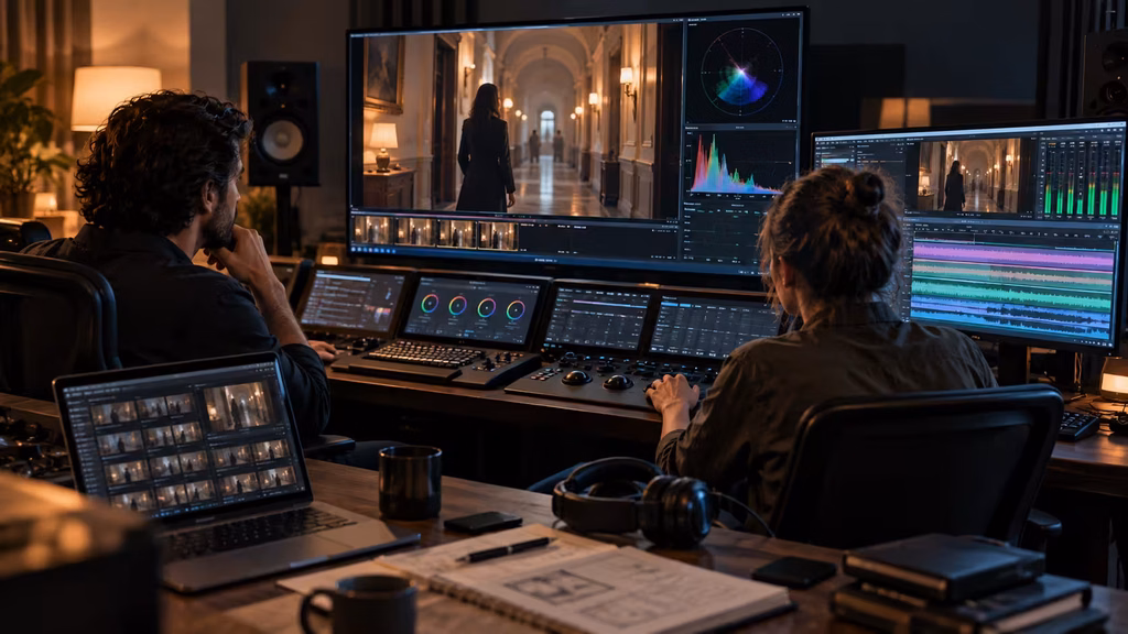 Postproduction team checking color, audio meters, and captions before video delivery.